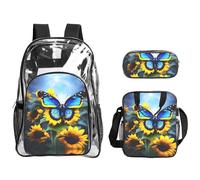 QHZLY Transparent PVC Sunflower Blue Butterfly Backpack Lunch Bag Pencil Case Set, Lightweight and Durable