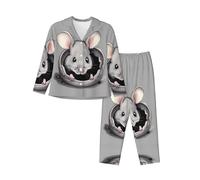 QHZLY Women's Long-Sleeved Grey rat Pajama S Set - Comfortable, Breathable and Soft Sleepwear for Relaxation