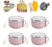 Qiamia 2026 New Set of 4 25-Oz Mug Meals with Lids, Mug Meals W Lid and Spoon, Microwaveable Stainless Steel Inner Liner & Christmas Bag and Card (Pink,4PCS)