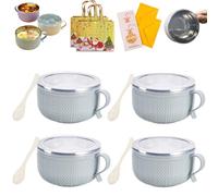 Qiamia 2026 New Set of 4 25-Oz Mug Meals with Lids, Mug Meals W Lid and Spoon, Microwaveable Stainless Steel Inner Liner & Christmas Bag and Card (Blue,4PCS)