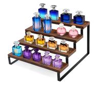 QIANBAIYI Wooden Display Riser Stand, Tiered Perfume and Cologne Organizer Stand, 4 Tier Spice Rack Organizer for Kitchen Countertop Vanity , Rustic Display Shelf for Candles (4 Tier)