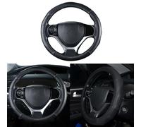 QianBao Genuine Leather Car Steering Wheel Cover Black for 13.5 to 14.2 inches Steering Wheels, Sweat Absorbent (Black/Black)