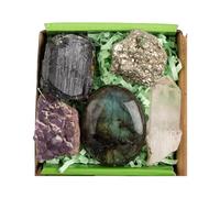 QianCannaor Protection Clarity Abundance Crystal Set - Amethyst Cluster, Pyrite, Black Tourmaline, Clear Quartz, Labradorite Healing Crystals for Meditation, Energy, and Spiritual Balance