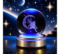 QIANCHANG 3D Moon Fairy Crystal Ball with LED Stand, 80mm Fairies Figurines Decor Glass Sphere Balls Lamp Night Light Gifts for Women Kids Mom Girls