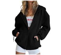 QIANCOME Full Zip Sweatshirt Women Casual Basic,Hooded Jacket Ladies Long Sleeve,Plain Loose Fit Hoodies with Front Pockets,Leisure Autumn Winter Active Sports Running Activitewear A Black XL