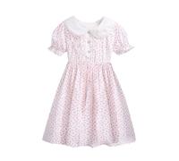 QIANCOME Girls Floral Print Dress Kids Summer Dresses Peter Pan Collar Button Front Cute Puff Short Sleeve Ruffle Trim Tunic Swing Pleated Sundress Everyday School Beach Vacation A Pink 16-17 Years
