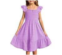 QIANCOME Girls Flutter Sleeve Dresses Kids Summer Casual Dress Beach Vacation Ruched Elastic Waist Square Neck Loose Lightweight Flared Pleated Sundress Comfy Playwear Camping Teen B Purple 5-6 Years