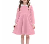 QIANCOME Girls Long Sleeve Cotton Dress Peter Pan Collar Dresses Kids Tunic Solid Sweet Casual Swing Pleated Smart Sundress Cute Comfy Princess Everyday Holiday Playwear Birthday A Pink 11-12 Years
