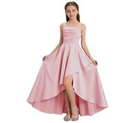 QIANCOME Girls Satin Formal Dress Kids Spaghetti Strap Long Dress Elegant Asymmetric High Low Hem Smocked Waist Pleated Flowy Dresses Evening Cocktail Ballroom Wedding Prom Teen A Pink 9-10 Years