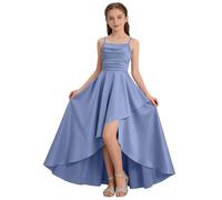 QIANCOME Girls Satin Formal Dress Kids Spaghetti Strap Long Dress Elegant Asymmetric High Low Hem Smocked Waist Pleated Flowy Dresses Evening Cocktail Ballroom Wedding Prom Teen A Blue 13-14 Years