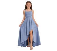 QIANCOME Girls Satin Formal Dress Kids Spaghetti Strap Long Dress Elegant Asymmetric High Low Hem Smocked Waist Pleated Flowy Dresses Evening Cocktail Ballroom Wedding Prom Teen C Blue 11-12 Years