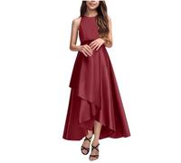 QIANCOME Girls Satin Formal Dresses Elegant Evening Dress Girl Sleeveless Solid Smocked Tunic High Low Hem Flowy Dress Princess Prom Homecoming Special Occasions A Wine 14-15 Years