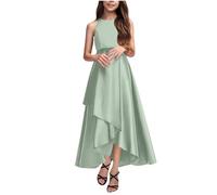 QIANCOME Girls Satin Formal Dresses Elegant Evening Dress Girl Sleeveless Solid Smocked Tunic High Low Hem Flowy Dress Princess Prom Homecoming Special Occasions A Watermelon Red 10-11 Years