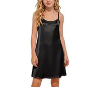 QIANCOME Girls Satin Slip Dress Spaghetti Strap Dress Summer Kids Cooling Stretchy Solid Lightweight Breathable Flowy Casual Everyday Beach Holiday Cocktail Traveling Outdoors Teen A Black 11-12Years
