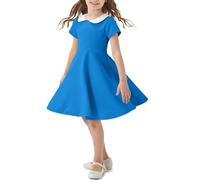 QIANCOME Girls Summer Dress Short Sleeve Cute Dresses Kids Preppy Peter Pan Collar Tunic Solid Swing Flared Flowy Dresses School Casual Sweet Comfy Everyday Vacation Going Out A Blue 9-10 Years
