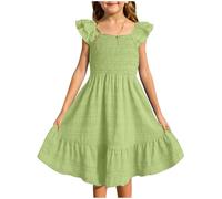 QIANCOME Girls Summer Gradient Dresses Flutter Sleeve Dress Kids Elastic Waist Pleated Flowy Ruffle Hem Sweet Dress Knee Length Performance Cocktail Fancy Occastions Beach Holiday E Green 9-10 Years