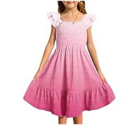 QIANCOME Girls Teen Summer Dresses Kids Vacation Dress Sleeveless Flutter Trim Gradient Solid Smocked Waist Stretchy Ruffle Hem Cute Beach Dress Holiday Birthday Back to School D Hot Pink 13-14 Years