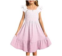 QIANCOME Girls Teen Summer Dresses Kids Vacation Dress Sleeveless Flutter Trim Gradient Solid Smocked Waist Stretchy Ruffle Hem Cute Beach Dress Holiday Birthday Back to School C Pink 9-10 Years