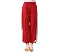 QIANCOME Kids Belly Dance Harem Pants Girls Shiny Dance Trousers Cotton Side Split Sequin Mesh Trim Loose Bloomer Trousers Baggy Tribal Arabic Indian Zumba Performance Costume Teen A Red 7-8 Years