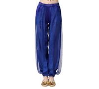 QIANCOME Kids Belly Dance Harem Pants Girls Shiny Dance Trousers Cotton Side Split Sequin Mesh Trim Loose Bloomer Trousers Baggy Tribal Arabic Indian Zumba Performance Costume Teen A Blue 13-14 Years