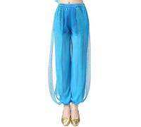 QIANCOME Kids Belly Dance Harem Pants Girls Shiny Dance Trousers Cotton Side Split Sequin Mesh Trim Loose Bloomer Trousers Tribal Arabic Indian Zumba Performance Costume Teen A Sky Blue 11-12 Years