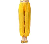 QIANCOME Kids Belly Dance Harem Pants Girls Shiny Dance Trousers Cotton Side Split Sequin Mesh Trim Loose Bloomer Trousers Tribal Arabic Indian Zumba Performance Costume Teen A Yellow 13-14 Years