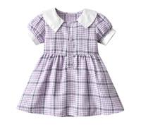 QIANCOME Little Girls ginham Dress Princess Dresses Kid Cute Peter pan Collar Puff Short Sleeve Button Front Uniform Sweet Tunic Pleated Dress Everyday Back to School Playwear A Purple 3-4 Years
