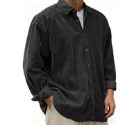 QIANCOME Mens Corduroy Shacket Button Down Shirts Casual Lapel Collar T-Shirt Lightweight Top Plain Comfy Jacket Work Tees for Men Workwear Gym Sportwear Daily Spring Autumn A Black 5XL