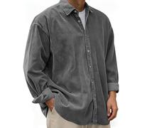QIANCOME Mens Corduroy Shacket Button Down Shirts Casual Lapel Collar T-Shirt Lightweight Top Plain Comfy Jacket Work Tees for Men Workwear Gym Sportwear Daily Spring Autumn A Gray 5XL