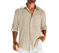QIANCOME Mens Summer Tops Casual Smart Long Sleeve Cotton Shirts Linen Turndown Collar Pocket Tees Button Cycling Beach Tunic Running Hiking Golf Tshirts Office Work Lounge Party Gym A Khaki L