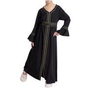 QIANCOME Muslim Abaya for Girls Islamic Prayer Maxi Robe Kids Cotton Long Sleeve V Neck Adjustable Waist Gold Trim Dress Thobe Ramadan Eid Kaftan Everyday Summer Festive Occasions A Black 11-12 Years