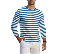 QIANCOME Striped Top Mens Long Sleeve Tshirt Men Casual Plus Size Tees Strip Print Regular Fit T-Shirts Outdoor Office Round Collar Sportwear Leisure Athletic Workout Sports Holiday A Light Blue M