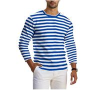 QIANCOME Striped Top Mens Long Sleeve Tshirt Men Casual Plus Size Tees Strip Print Regular Fit T-Shirts Outdoor Office Round Collar Sportwear Leisure Athletic Workout Sports Holiday A Blue 3XL