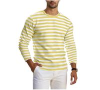 QIANCOME Striped Top Mens Long Sleeve Tshirt Men Casual Plus Size Tees Strip Print Regular Fit T-Shirts Outdoor Office Round Collar Sportwear Leisure Athletic Workout Sports Holiday A Yellow M