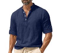 QIANCOME Three Quarter Sleeve Tops Men Summer Shirts Cotton Linen Button Henley Tees Casual Beach Loose Fit Polos Solid V-Neck Pullover Top Athletic Sports Running Workwear Holiday A Navy M