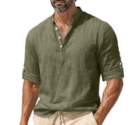 QIANCOME Three Quarter Sleeve Tops Men Summer Shirts Cotton Linen Button Henley Tees Casual Beach Loose Fit Polos Solid V-Neck Pullover Top Athletic Sports Running Workwear Holiday A Army Green L
