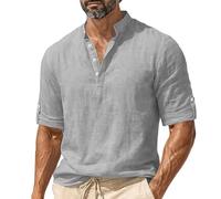 QIANCOME Three Quarter Sleeve Tops Men Summer Shirts Cotton Linen Button Henley Tees Casual Beach Loose Fit Polos Solid V-Neck Pullover Top Athletic Sports Running Workwear Holiday A Grey L