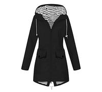 QIANCOME Waterproof Coat Womens Zip Up Drawstring Hooded,Windproof Rain Jacket Women Plus Size,Casual Solid Loose Windbreaker Rainjacket with Pockets,Outdoor Hiking Walking Trench Coats A Black L