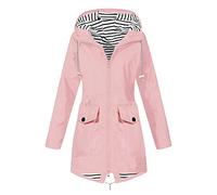 QIANCOME Waterproof Ladies Coat Oversized Full Zip,Windbreaker Rain Jacket Women Drawstring Hooded,Windproof Relaxed Solid Long Trench Coats with Pockets,Active Hiking Camping Raincoat A Pink M
