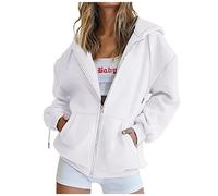 QIANCOME Womens Coats Full Zip Hoodies,Sweatshirt Cardigan with Pockets Long Sleeve,Casual Regular Hooded Jacket Baggy Solid,Autumn Winter Sports Running Outdoor Active Daily Wear A White L