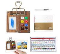 QianDanS 8 Grids Mini Watercolour Paint Set, Portable Palette, Travel Miniature Painting Kit with a Drawing Book, a Painting Pen, a Clip and paints (Walnut Color)