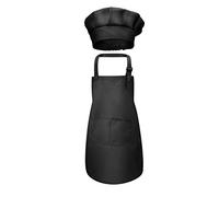 Qianderer 2 Pcs White Kids Apron and Chef Hat Set, Kitchen Garden Bib Aprons, Toddler Chef Apron for Baking Cooking Crafting Painting (Black, 7-13 Years)