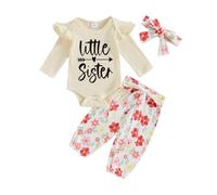 Qianderer Baby Girl Fall Outfits Letter Print Crew Neck Long Sleeve Romper Floral Print Long Pants with Belt Headband 3Pcs Clothes Set (Beige, 3-6 Months)