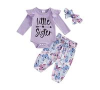 Qianderer Baby Girl Fall Outfits Letter Print Crew Neck Long Sleeve Romper Floral Print Long Pants with Belt Headband 3Pcs Clothes Set (Purple, 3-6 Months)