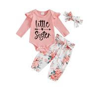 Qianderer Baby Girl Fall Outfits Letter Print Crew Neck Long Sleeve Romper Floral Print Long Pants with Belt Headband 3Pcs Clothes Set (Pink, 12-18 Months)
