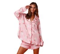 Qianderer Christmas Pajamas Shorts Set for Women Y2k Cute Bow Tie Pjs Button Up Top Ruffle Shorts 2 Piece Xmas Jammies Pjs Sets (Cb Pink, L)