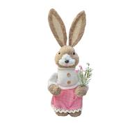 Qianderer Easter Standing Bunny Handmade Straw Bunny with Carrot Figurine, 35cm Easter Rabbits Tabletop Statues, Cute Photo Props Gifts for Home Party (Pink, 35cm)