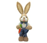 Qianderer Easter Standing Bunny Handmade Straw Bunny with Carrot Figurine, 35cm Easter Rabbits Tabletop Statues, Cute Photo Props Gifts for Home Party (Blue, 35cm)