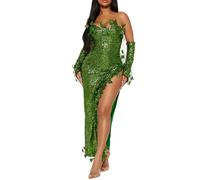 Qianderer Halloween Green Poison Ivy Cosplay Costume Fake Leaves Sequin Fancy Dress with Gloves Headband Set for Women (Green Long, XXL)