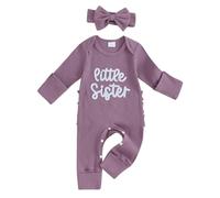 Qianderer Im New Here Newborn Outfit Baby Girl Fall Romper Letter Print Ribbed Long Sleeves Round Neck Full Length Jumpsuit with Headband (Sis Purple, 3-6 Months)